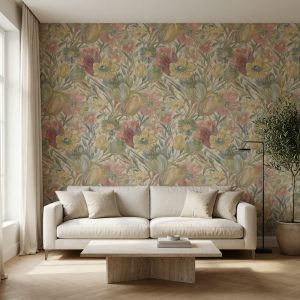Eskitme dokulu nötr arka plan üzerinde zengin renk paletiyle işlenmiş lale ve kır çiçeği desenleri; krem kanepe, minimalist orta sehpa ve doğal ışık alan pencerelerle salonda sıcak bir kır evi (cottagecore) tarzı yaratır.
