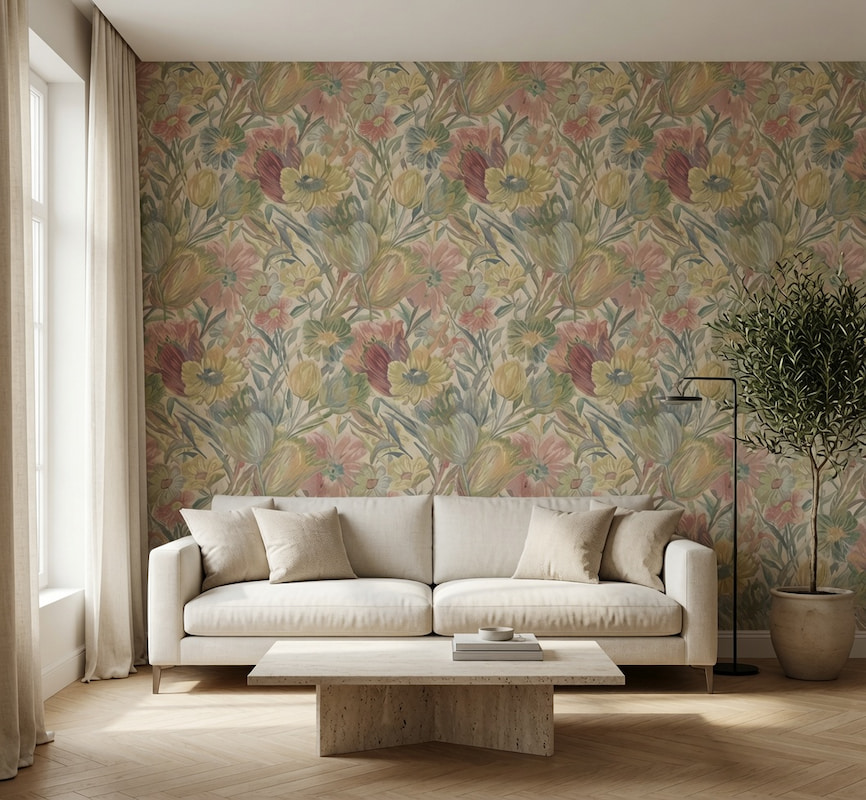 Eskitme dokulu nötr arka plan üzerinde zengin renk paletiyle işlenmiş lale ve kır çiçeği desenleri; krem kanepe, minimalist orta sehpa ve doğal ışık alan pencerelerle salonda sıcak bir kır evi (cottagecore) tarzı yaratır.