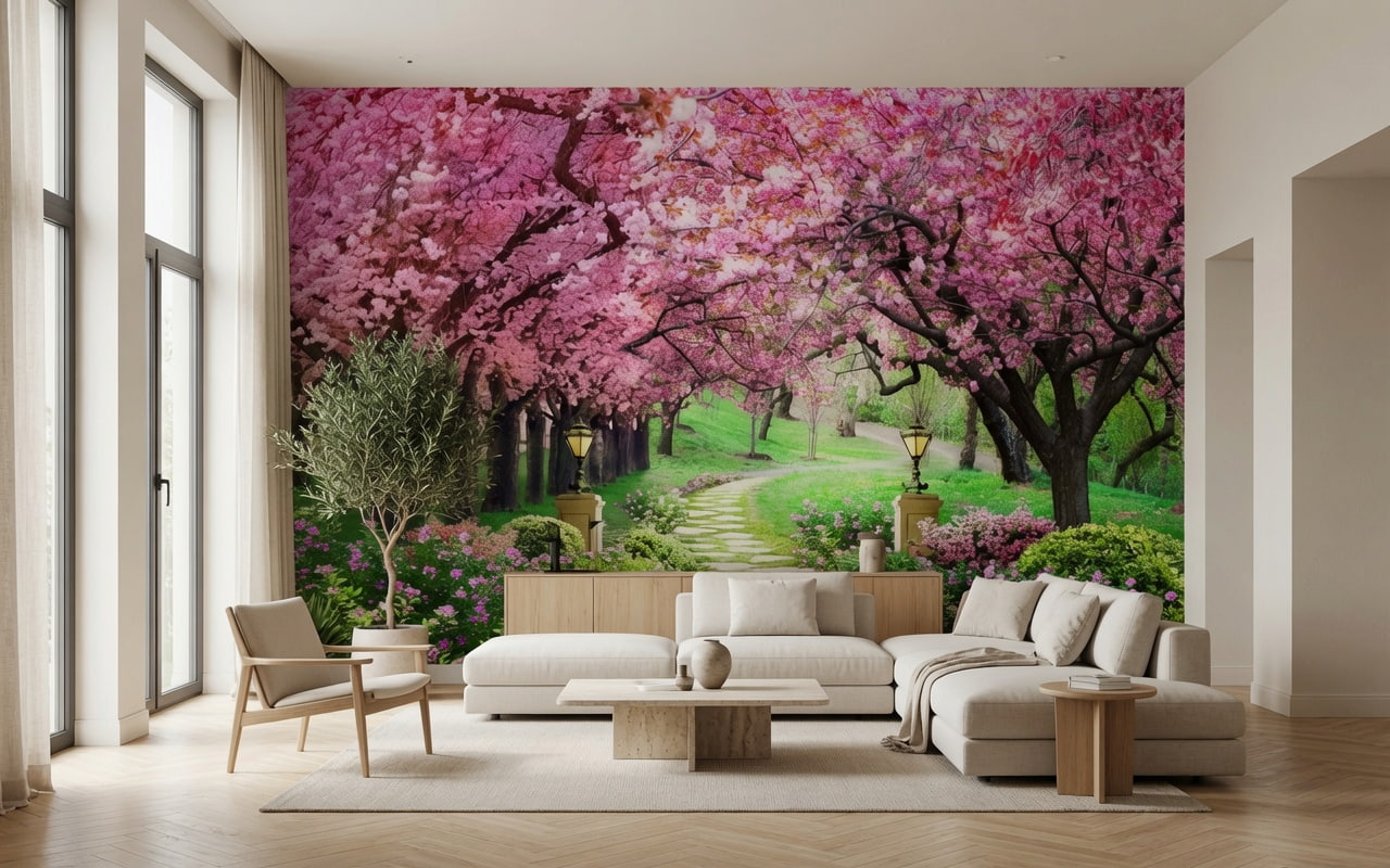 Pembe çiçek açmış kiraz (sakura) ağaçlarıyla kaplı tünel şeklinde patika yol ve yeşil bahçe manzarası; krem köşe koltuk, ahşap sehpa ve saksıda zeytin ağacıyla salona derinlik ve canlılık katar.