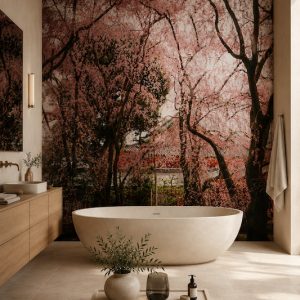 Pembe bahar dallarının arasından süzülen otantik Japon tapınağı çatı detayları; oval serbest küvet, ahşap banyo dolabı ve doğal taş zeminle banyo alanlarında spa tadında huzurlu bir ortam oluşturur.