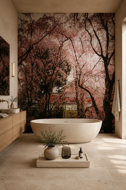 Pembe bahar dallarının arasından süzülen otantik Japon tapınağı çatı detayları; oval serbest küvet, ahşap banyo dolabı ve doğal taş zeminle banyo alanlarında spa tadında huzurlu bir ortam oluşturur.