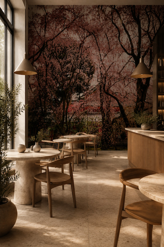 Toz pembe çiçek açmış sakura (Japon kiraz çiçeği) ağaçları ve geleneksel Çin/Japon mimarisi manzarası; ahşap kafe masaları, doğal sandalyeler ve konik sarkıt lambalarla restoran ve kafelerde dingin bir Japon bahçesi atmosferi yaratır.