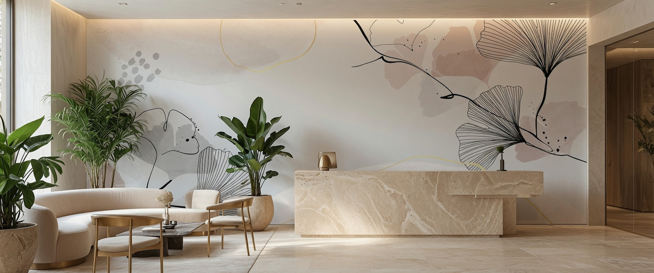 Soyut pudra lekeli ve ginkgo yapraklı duvar kağıdı, traverten karşılama bankosu, modern berjerler ve büyük salon bitkisi ile tamamlanarak ofis, otel lobisi ve kliniklerde şık, prestijli ve ferah bir ortam yaratır.