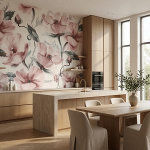Soft pembe gelincik desenli panoramik duvar kağıdı, doğal ahşap mutfak dolapları ve modern yemek masası ile kombinlenerek mutfak ve yemek alanlarında ferah, aydınlık ve sıcak bir atmosfer sunar.