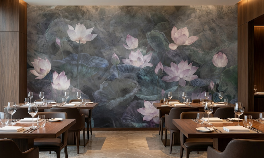 Koyu zeminli oryantal lotus çiçeği illüstrasyonlu duvar kağıdı, ahşap yemek masaları ve konforlu sandalyelerle birleşerek restoran, kafe ve otel yemek alanlarında sanatsal, sofistike ve etkileyici bir ambiyans kazandırır.