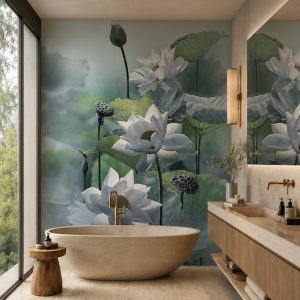 Suya ve neme dayanıklı beyaz nilüfer ve yaprak desenli duvar kağıdı, modern oval taş küvet ve ahşap lavabo tezgahı ile tamamlanarak banyolarda dinlendirici, estetik ve spa konseptli bir duvar dekorasyonu kazandırır.