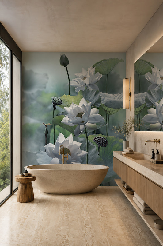 Suya ve neme dayanıklı beyaz nilüfer ve yaprak desenli duvar kağıdı, modern oval taş küvet ve ahşap lavabo tezgahı ile tamamlanarak banyolarda dinlendirici, estetik ve spa konseptli bir duvar dekorasyonu kazandırır.