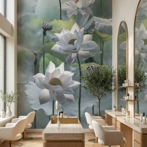 Büyüleyici beyaz nilüfer illüstrasyonlu özel ölçü duvar kağıdı, krem rengi modern makyaj koltukları, ahşap tezgahlar ve boy aynaları ile birleşerek güzellik salonları, spa ve kliniklerde şık, ferah ve premium bir alan sunar.