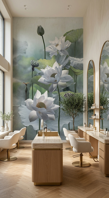Büyüleyici beyaz nilüfer illüstrasyonlu özel ölçü duvar kağıdı, krem rengi modern makyaj koltukları, ahşap tezgahlar ve boy aynaları ile birleşerek güzellik salonları, spa ve kliniklerde şık, ferah ve premium bir alan sunar.