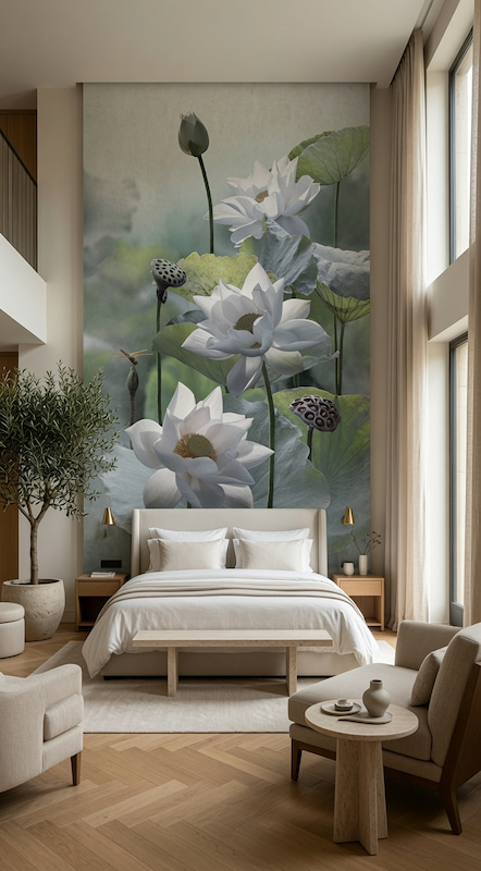 Yeşil ve sisli tonlarda beyaz lotus çiçeği motifli panoramik duvar kağıdı, krem tekstil yatak başlığı, bej nevresim takımı ve ahşap komodinlerle dengelenerek yatak odalarında dingin, huzurlu ve zen konseptli bir atmosfer yaratır.