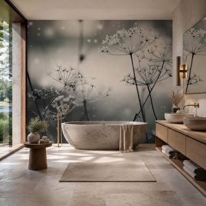 Suya ve neme dayanıklı buğulu bitki desenli duvar kağıdı, oval taş küvet ve ahşap banyo mobilyaları ile tamamlanarak banyolarda sakinleştirici, estetik ve spa konseptli bir duvar dekorasyonu kazandırır.