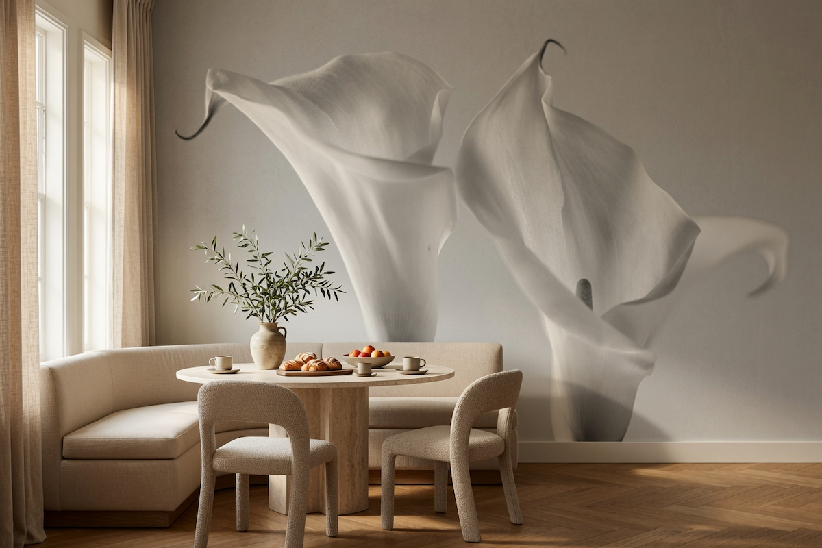 Gri tonlarında dev beyaz kala (calla lily) zambak motifli panoramik duvar kağıdı, yuvarlak ahşap yemek masası, krem sandalyeler ve köşe koltuğu ile birleşerek yemek alanlarında modern, zarif ve ilham verici bir ortam oluşturur.