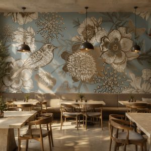 Soft mavi zemin üzerine bronz detaylı kuş ve çiçek motifli panoramik duvar kağıdı, ahşap masa ve sandalyeler ile sarkıt aydınlatmalarla tamamlanarak cafe, restoran ve işletmelerde sıcak, davetkar ve şık bir mekan konsepti kazandırır.