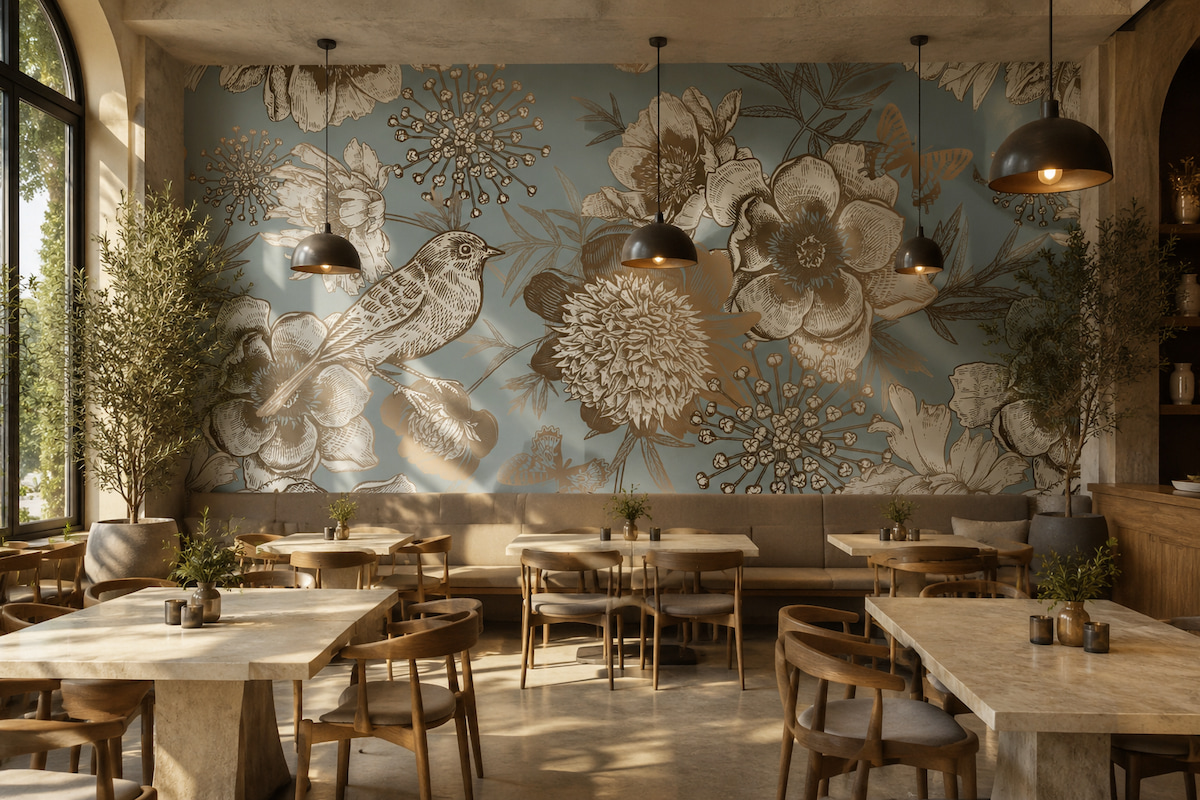 Soft mavi zemin üzerine bronz detaylı kuş ve çiçek motifli panoramik duvar kağıdı, ahşap masa ve sandalyeler ile sarkıt aydınlatmalarla tamamlanarak cafe, restoran ve işletmelerde sıcak, davetkar ve şık bir mekan konsepti kazandırır.