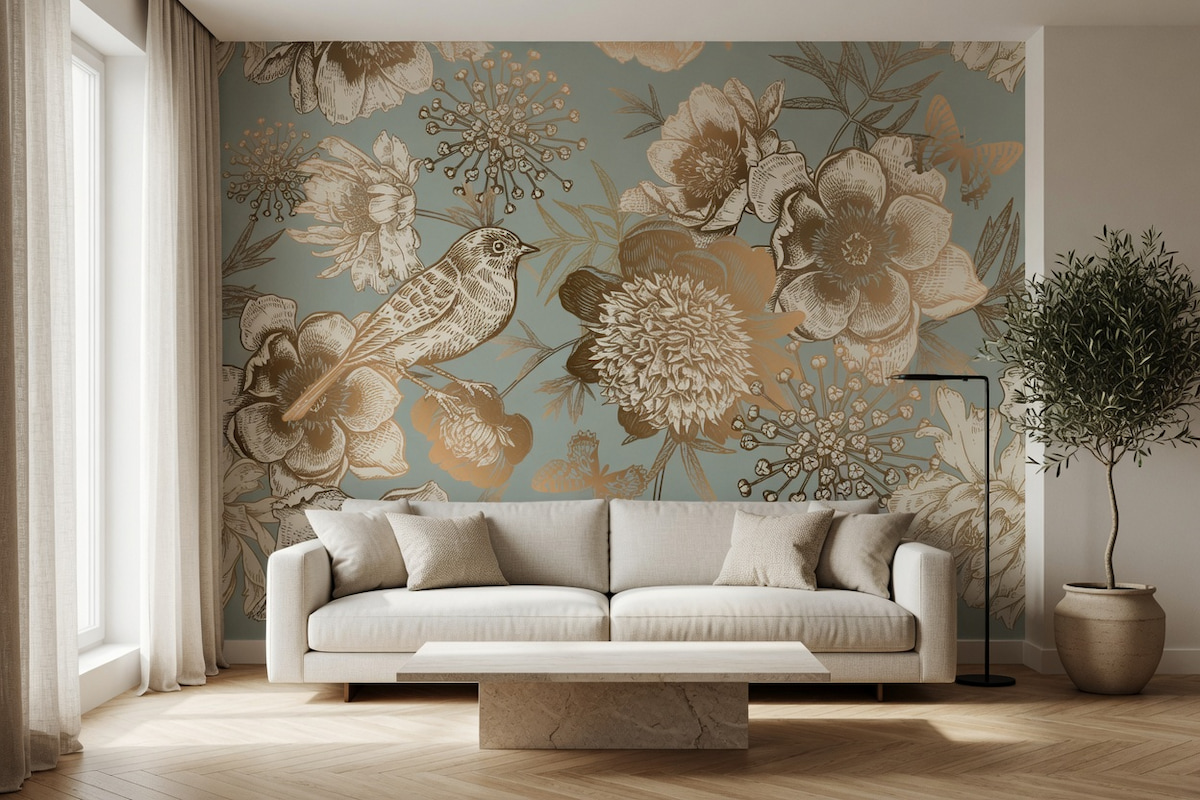 Soft mavi fonda bronz ve altın yansımalı kuş ile şakayık/çiçek illüstrasyonlu panoramik duvar kağıdı, krem modern koltuk takımı ve mermer orta sehpa ile kombinlenerek salonlarda aydınlık, estetik ve şık bir yaşam alanı yaratır.