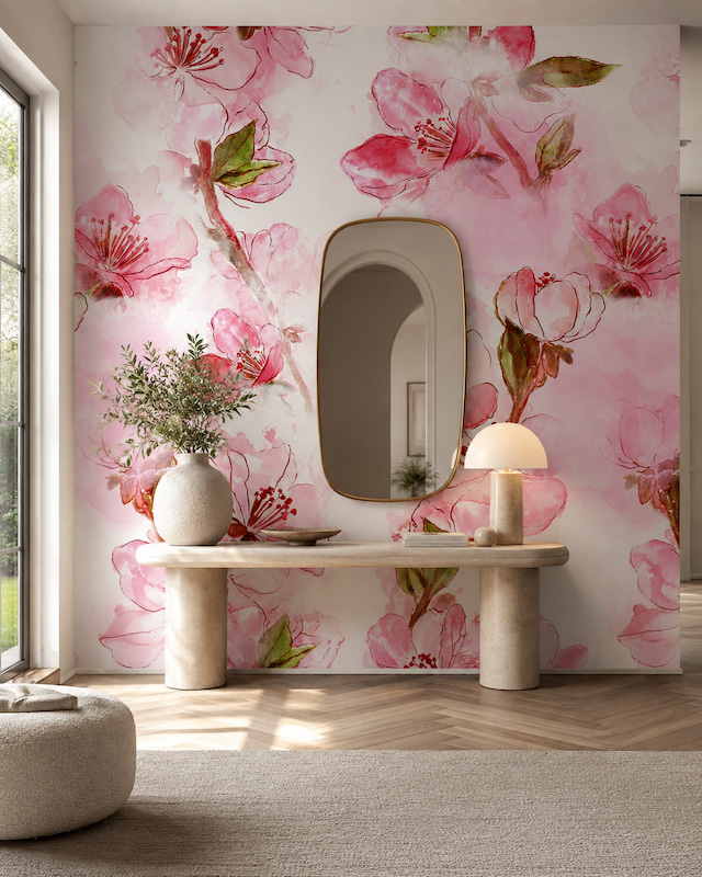 Japon esintili pembe sakura desenli duvar kağıdı, kapsül formlu dresuar aynası ve traverten dresuar masası ile birleşerek antre ve giriş alanlarında şık, etkileyici ve premium bir karşılama alanı yaratır.