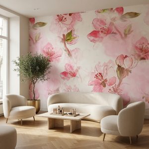 Canlı pembe sulu boya kiraz çiçeği (sakura) ve bahar dalı desenli panoramik duvar kağıdı, krem kavisli modern koltuk takımı ve ahşap orta sehpa ile kombinlenerek salonlarda ferah, aydınlık ve enerjik bir yaşam alanı oluşturur.