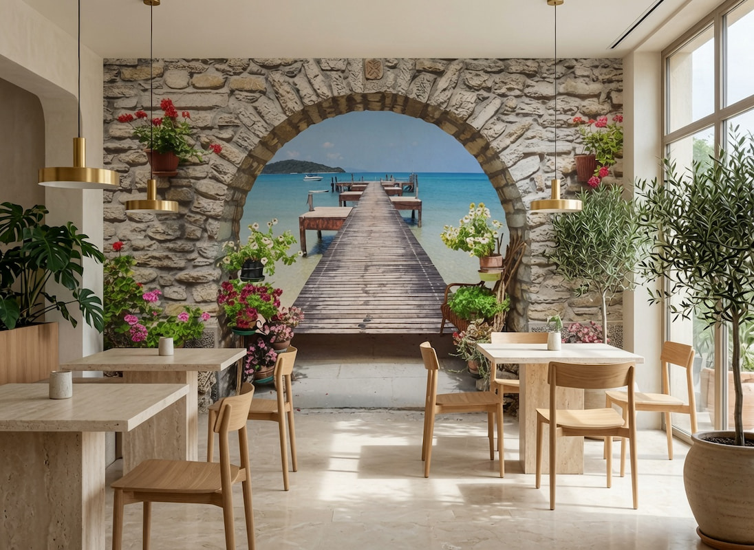 Taş kemerli pencereden masmavi denize ve ahşap iskeleye açılan Akdeniz manzarası; ahşap kafe masaları, modern sandalyeler ve pirinç sarkıt aydınlatmayla restoran ve kafelerde ferah bir atmosfer yaratır.