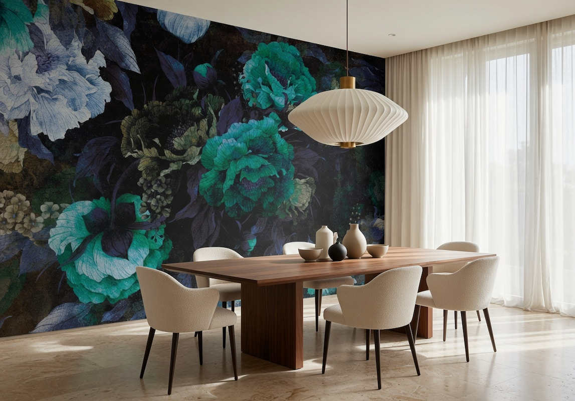 Derin koyu tonlu zemin üzerine yağlı boya dokulu zümrüt yeşili ve mavimsi floral detaylarla tasarlanan dramatik botanik duvar kağıdı deseni; yemek odası, restoran, VIP toplantı salonu ve prestijli mekanlar için özel ölçü üretilen lüks duvar kaplaması.