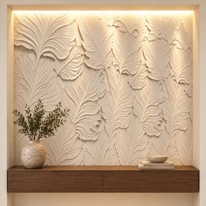 Salonda niş duvarda rölyef kabartmalı yaprak duvar kağıdı YR-001