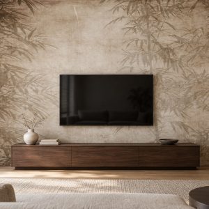 Eskitme bej ve vizon fon üzerine çizilmiş Japon tarzı bambu motifi duvar kağıdı; duvara monte koyu ceviz TV konsolu, televizyon ve minimalist aksesuarlarla salonda huzurlu, natürel ve modern bir TV arkası alanı oluşturur.