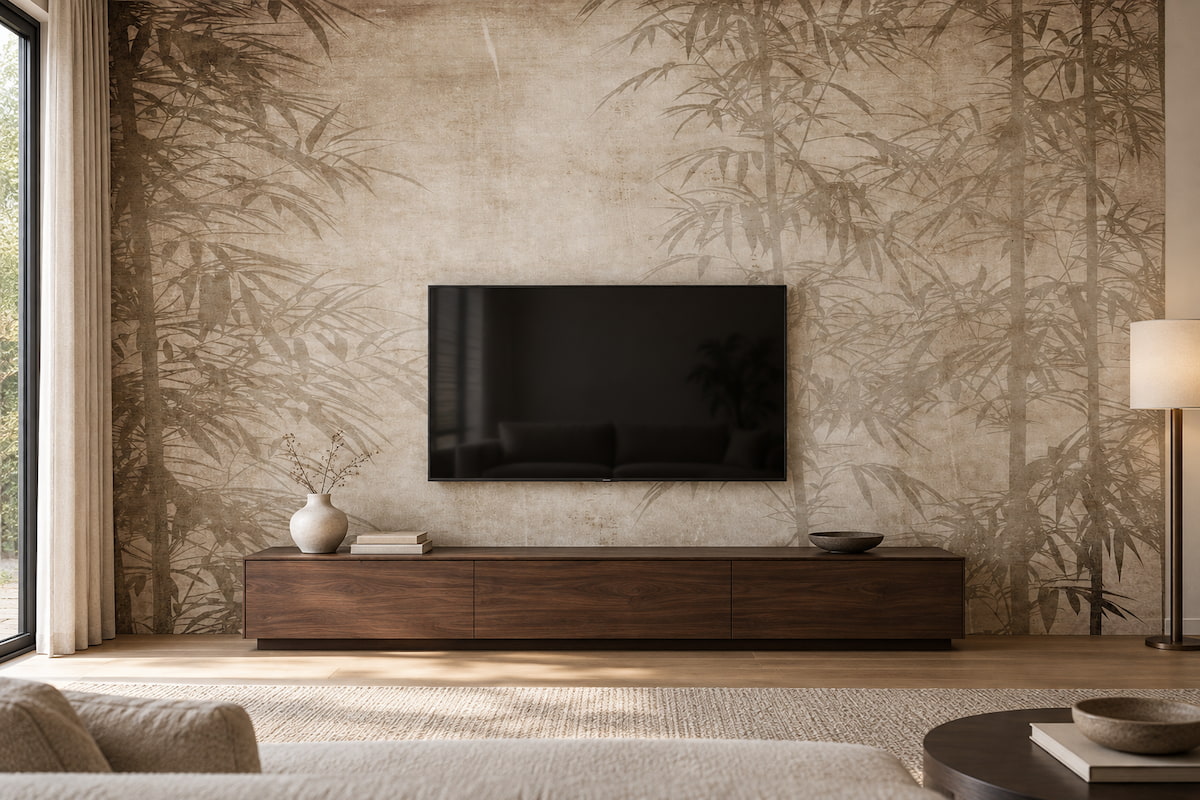 Eskitme bej ve vizon fon üzerine çizilmiş Japon tarzı bambu motifi duvar kağıdı; duvara monte koyu ceviz TV konsolu, televizyon ve minimalist aksesuarlarla salonda huzurlu, natürel ve modern bir TV arkası alanı oluşturur.