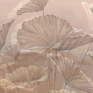 Soft pudra, bej ve krem tonlarında sulu boya ve ince çizgi detaylarıyla işlenmiş dev nilüfer (lotus) yaprak motiflerini gösteren yüksek çözünürlüklü desenli duvar kağıdı görseli.