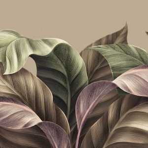 Bej-vizon arka plan üzerinde mürdüm, bordo, zeytin yeşili ve fıstık yeşili tonlarında katmanlı dev tropikal yaprakların damar hatlarını gösteren yüksek çözünürlüklü desenli duvar kağıdı görseli.