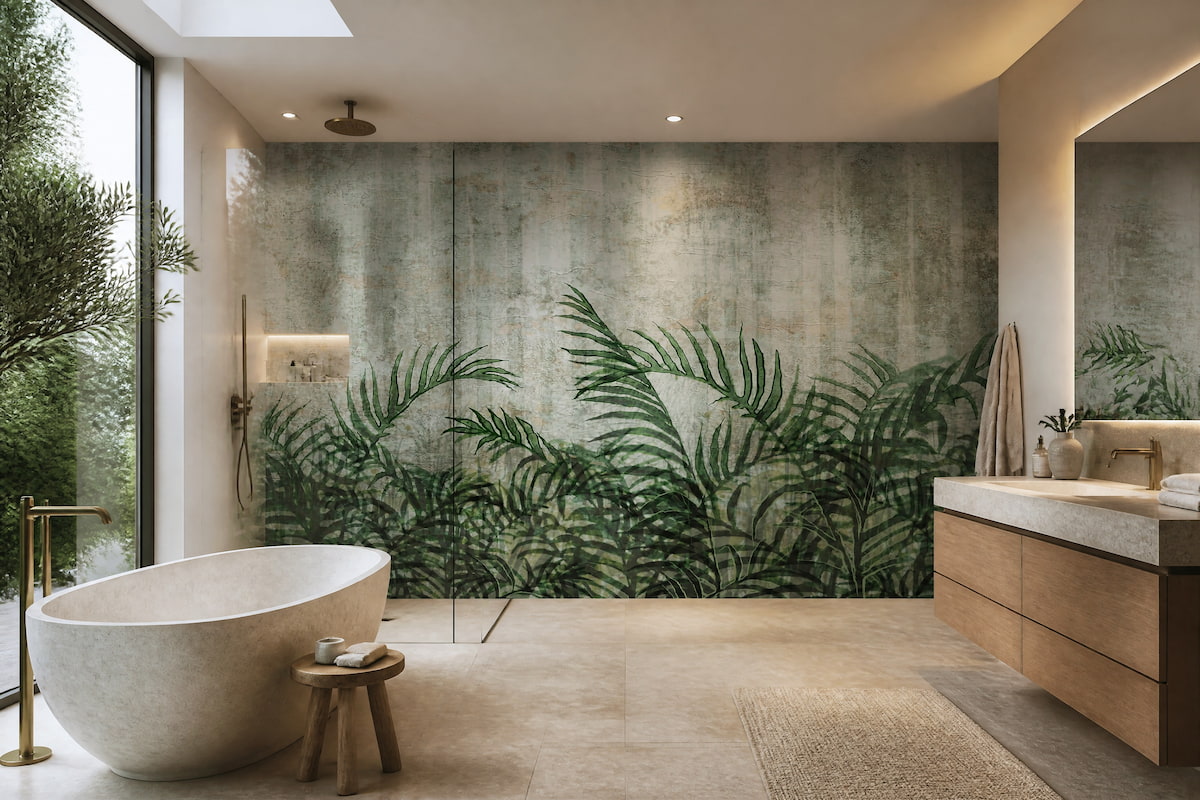 Eskitme dokulu nötr gri zemin üzerine yerleştirilmiş yeşil tropikal yaprak motifli duvar kağıdı; oval beyaz küvet, ahşap banyo benci ve gömme aydınlatmayla banyolara spa ferahlığı kazandırır.