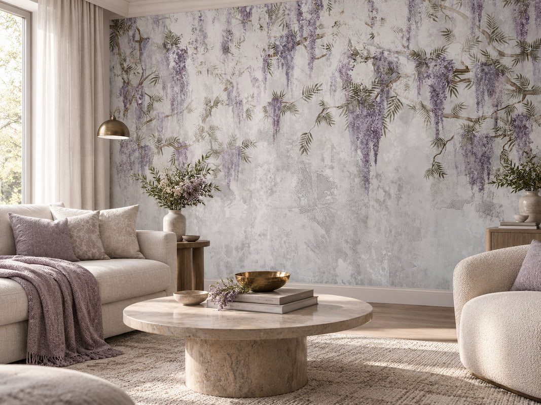 Eskitme beton ve gri sıva efektli zemin üzerine sarkan mor mor salkım (wisteria) ve sarmaşık yaprakları motifli duvar kağıdı; krem kanepe, traverten taş orta sehpa, mor şal ve pirinç lambaderle yaşam alanlarına zarif, romantik ve modern bir hava katar.