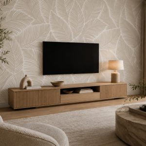 Soft krem ve bej geçişli büyük yaprak desenli duvar kağıdı; ahşap TV konsolu, televizyon, masa lambası ve nötr tonlardaki halıyla salona modern ve davetkar bir şıklık katar.