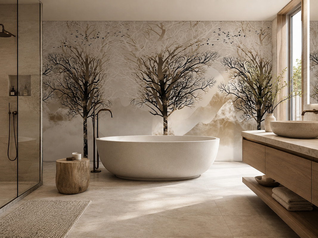 Krem ve vizon tonlarında puslu dağ ve silüet ağaçlar illüstrasyonlu duvar kağıdı; oval beyaz küvet, ahşap banyo tezgahı ve minimalist aksesuarlarla banyolara lüks bir spa dinginliği sunar.