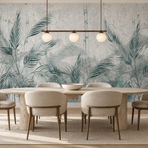 Dokulu beton ve sıva efektli ekru fon üzerine resmedilmiş yeşim yeşili, turkuaz ve dumanlı gri palmiye yaprakları motifli duvar kağıdı; oval ahşap yemek masası, krem kumaş sandalyeler ve modern tüp sarkıt aydınlatmayla yemek alanlarında sofistike, ferah ve elit bir ortam vadeder.