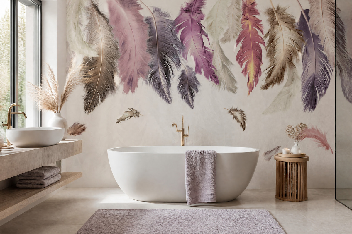Nötr krem fon üzerine tavandan aşağıya doğru uzanan sulu boya tüy detaylı duvar kağıdı; modern oval beyaz küvet, pembe banyo paspası ve pirinç bataryayla banyolara şık bir spa ferahlığı katar.