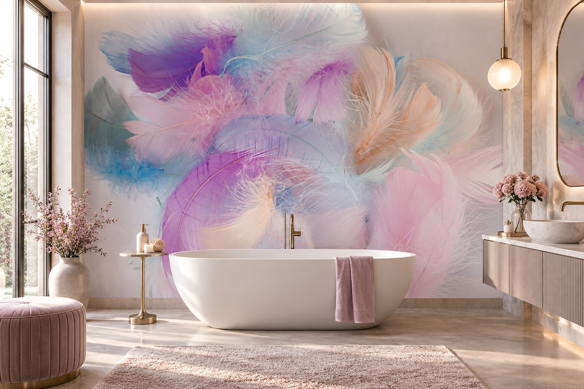 Pastel mor, pembe, Mavi ve somon tüy illüstrasyonlu duvar kağıdı; beyaz oval küvet, pirinç detaylı yan sehpa, pudra havlu ve gizli tavan aydınlatmasıyla banyolara lüks, romantik ve spa konforunda bir atmosfer kazandırır.