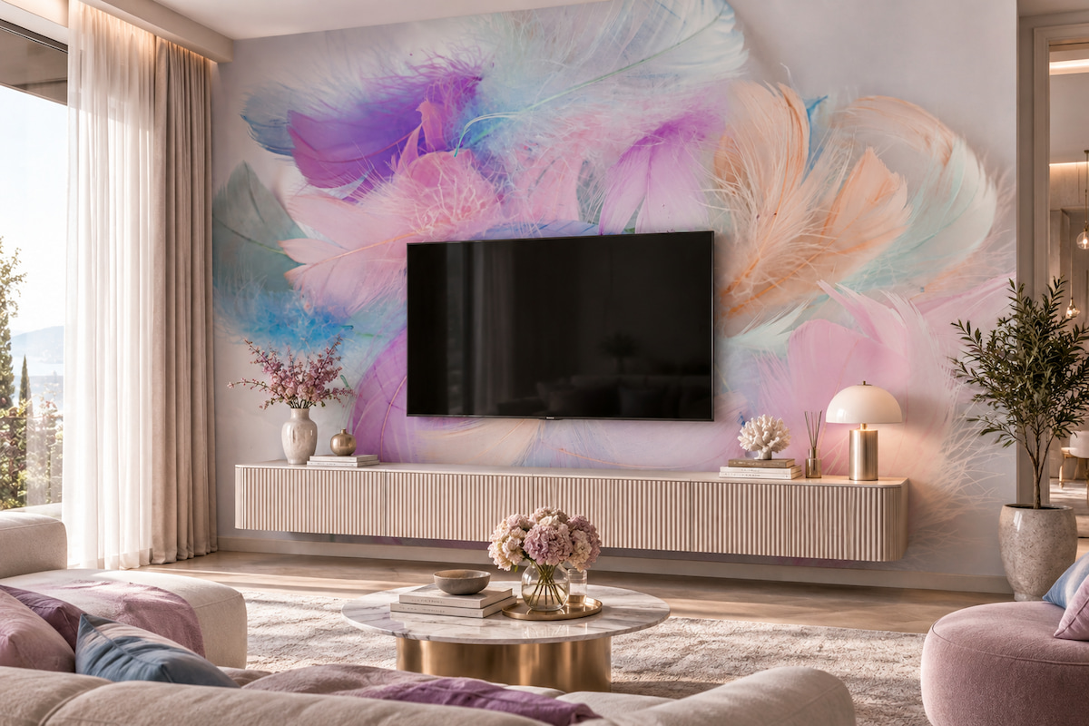 Canlı mor, pembe, turkuaz ve lila tonlarında katmanlı tüyler ve renk dalgaları temalı duvar kağıdı; duvara monte televizyon, oluklu açık renk TV ünitesi konsolu, mermer orta sehpa ve pembe çiçeklerle salonlarda göz alıcı bir TV arkası dekorasyonu oluşturur.