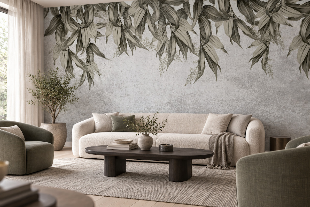 Mermer/beton dokulu açık gri zemin üzerine tavan hizasından sarkan soft yeşil yapraklar motifli duvar kağıdı; krem modern koltuk, koyu ahşap oval orta sehpa ve natürel tekstillerle yaşam alanlarında ferah, dingin ve konforlu bir ortam sunar.
