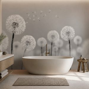Soft gri ve krem zemin üzerine sıralanmış beyaz karahindiba çiçekleri illüstrasyonlu duvar kağıdı; oval beyaz küvet, ahşap banyo benci ve gömme ışıklandırmayla banyolara dingin bir spa atmosferi katar.