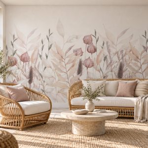 Dokulu açık krem zemin üzerine işlenmiş pudra pembe, terracotta ve vizon tonlarında romantik çayır çiçekleri ve pamuksu otlar desenli duvar kağıdı; rattan/bambu ikili koltuk, berjer, pudra kırlentler, dairesel taş orta sehpa ve örgü halıyla yaşam alanlarında otantik, doğal ve davetkar bir dinlenme alanı sunar.