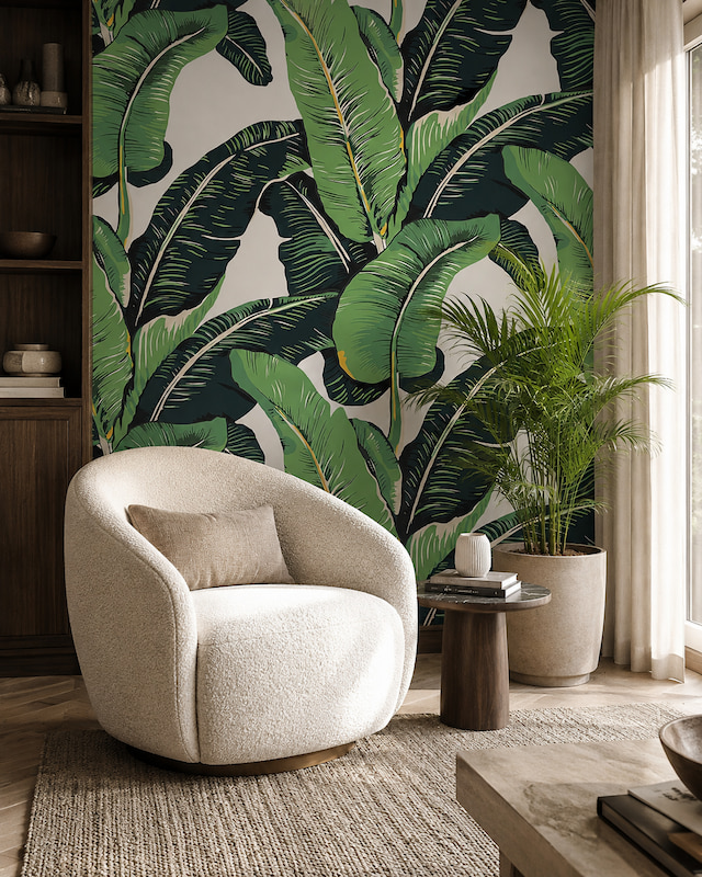 Açık gri-krem zemin üzerine yerleştirilmiş canlı yeşil ve koyu damarlı muz yaprakları motifli duvar kağıdı; krem dönel berjer koltuk, ahşap yan sehpa ve saksı bitkisiyle yaşam alanlarına şık, konforlu ve davetkar bir dokunuş katar.