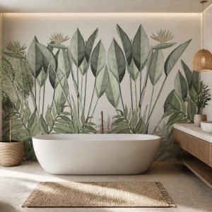 Nötr bej fon üzerine yerleştirilmiş adaçayı yeşili cennet kuşu çiçeği yaprakları temalı duvar kağıdı; modern oval beyaz küvet, ahşap banyo dolabı ve gömme LED aydınlatmayla banyolara huzurlu bir spa ferahlığı kazandırır.