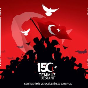 Kırmızı fon üzerinde dalgalanan Türk bayrağı, bayrak tutan halk silüetleri, beyaz güvercinler, Ömer Halisdemir portresi ve