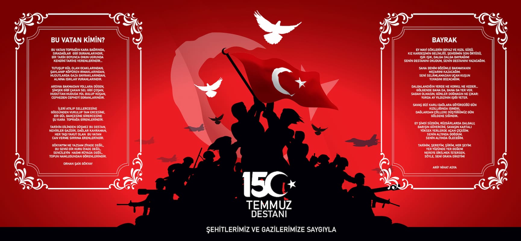 Kırmızı fon üzerinde dalgalanan Türk bayrağı, bayrak tutan halk silüetleri, beyaz güvercinler, Ömer Halisdemir portresi ve "15 Temmuz Destanı" logosunun yer aldığı yüksek çözünürlüklü grafik duvar kağıdı tasarımı.