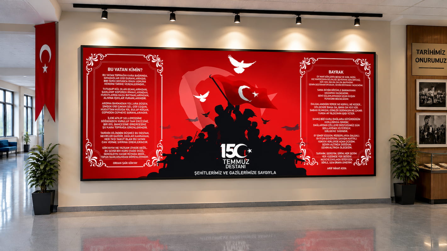 Okul ve kurum girişlerinde tavan ray spot aydınlatmaları altında yer alan, "15 Temmuz Destanı - Şehitlerimize ve Gazilerimize Saygıyla" yazılı, Türk bayraklı milli birlik temalı duvar kağıdı görseli.
