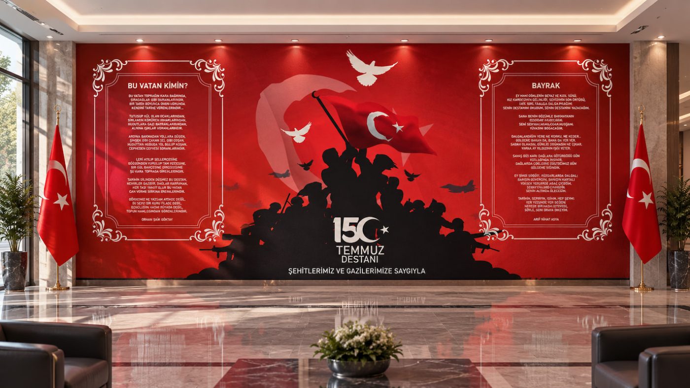 15 Temmuz Destanı Şiir Temalı Kırmızı Okul Duvar Kağıdı ATA0019