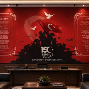 Makam odasında ahşap çalışma masası arkasında uygulanan, kırmızı ve siyah tonlarında 15 Temmuz Demokrasi ve Milli Birlik Günü temalı,