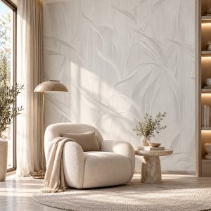 Açık krem ve beyaz tonlarında kabartma (embossed) efektli zarif yaprak desenlerini içeren lüks duvar kağıdının uygulandığı; krem renkli modern berjer, ahşap yan sehpa ve lambaderle tasarlanmış iç mekan.