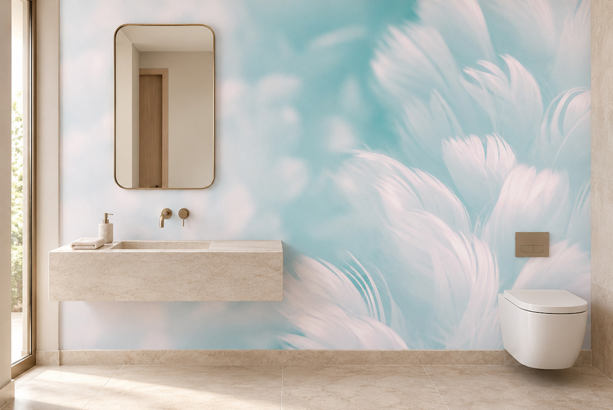 Soft turkuaz ve sisli beyaz tonlarında sulu boya tüy motifli duvar kağıdı; duvara monte taş banyo tezgahı, ankastre pirinç lavabo bataryası ve kavisli dikdörgen ayna ile banyo ve lavabo alanlarında otel lüksünde, arındırıcı ve şık bir ortam kurgular.