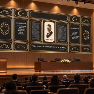 Konferans salonu sahne arkası duvarında uygulanan, siyah fon üzeri altın varak çerçeveli Atatürk portresi, İstiklal Marşı, Gençliğe Hitabe ve 
