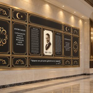 Siyah ve bronz-altın yansımalı desenli zemin üzerinde yükselen klasik çerçeveli Atatürk portresi ve milli metinler paneli; mermer zeminli kurumsal koridorda ray spot aydınlatmalar altında uygulanan dev duvar kağıdı tasarımı.